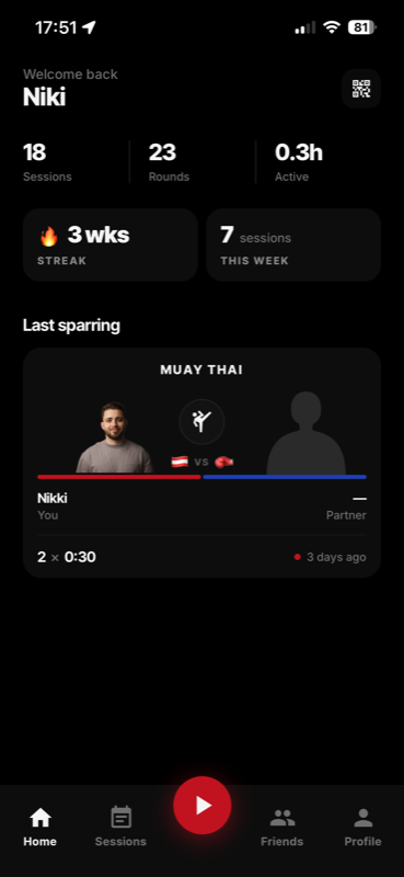 Sparring Record home screen showing stats and session history