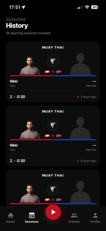 Sessions history screen