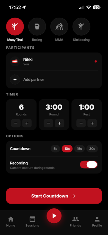 Session setup screen
